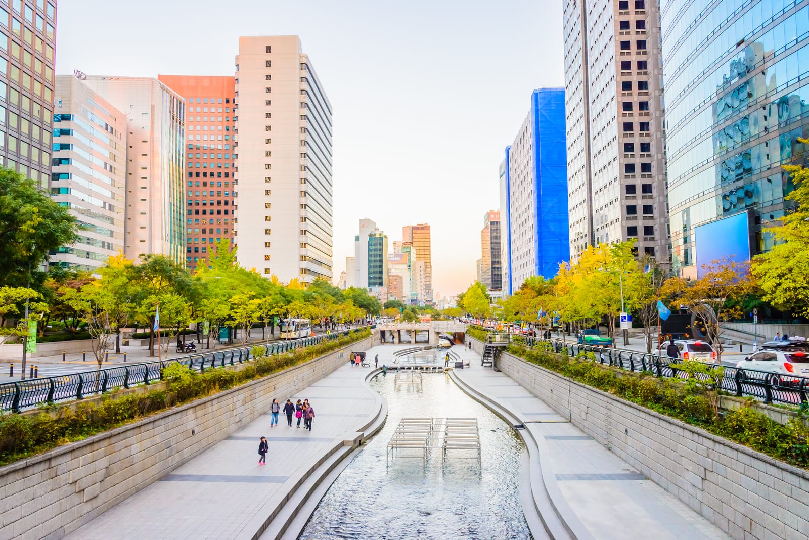 The Cheonggyecheon stream walk between office towers
